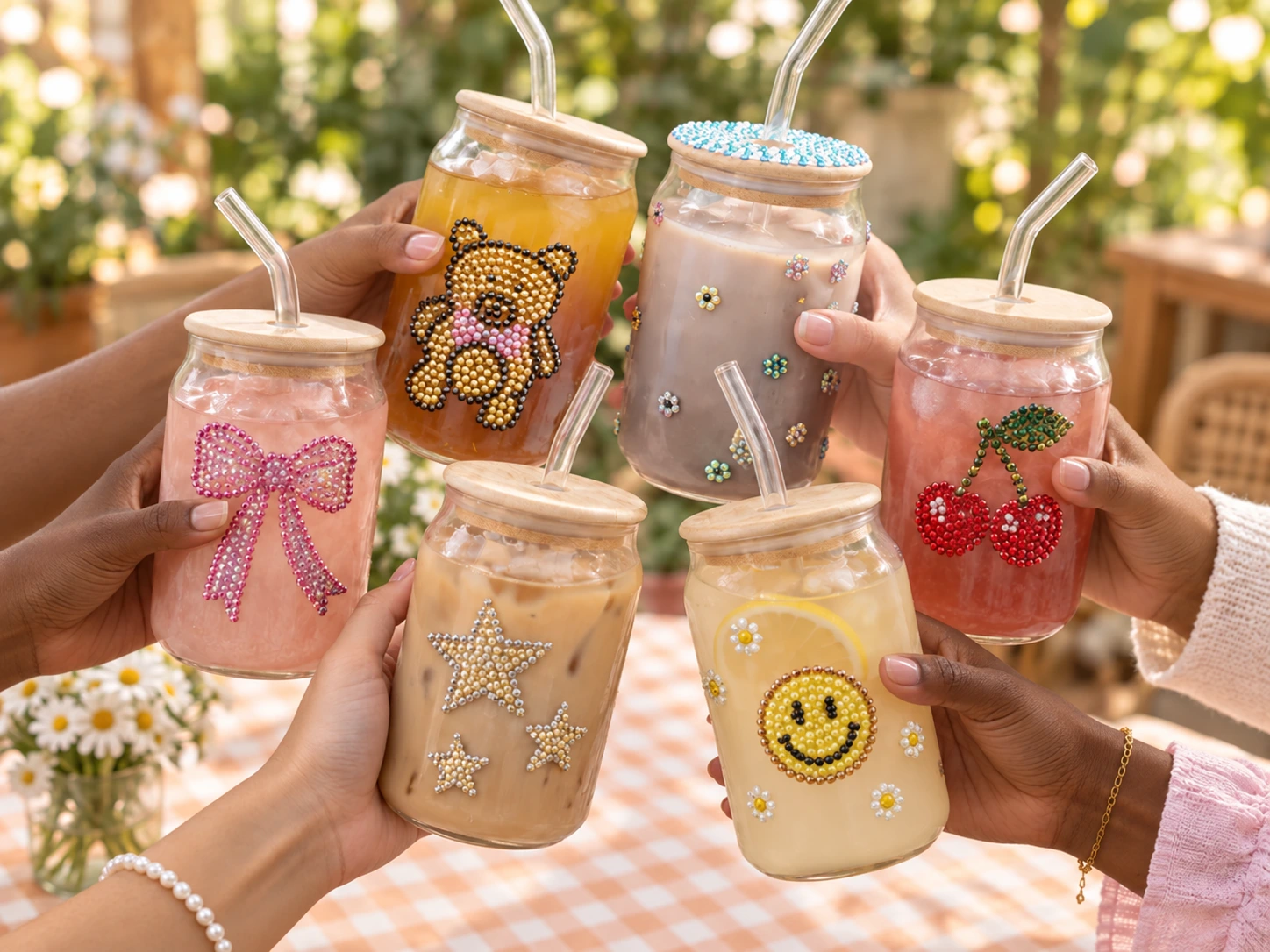 Six guests with diverse skin tones cheering their bedazzled drinking glasses, including rhinestone teddy bear and flower designs
